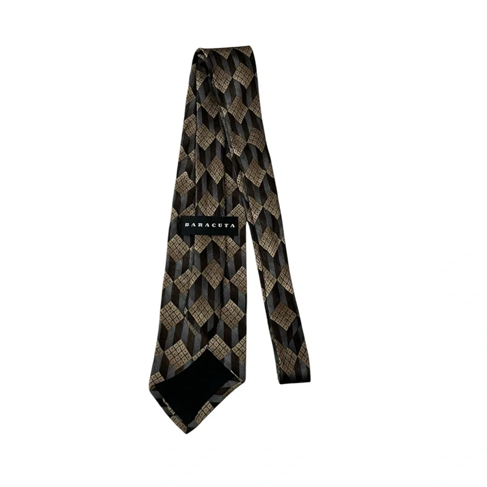 Baracuta Men's Dark Chocolate Brown and Gold Patterned 100% Silk Tie